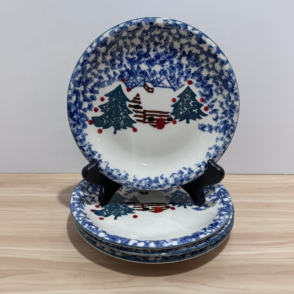 4 VTG Folk Craft by Tienshan 7.5" "Cabin in the Snow" Dessert/Salad Plate Lot 1